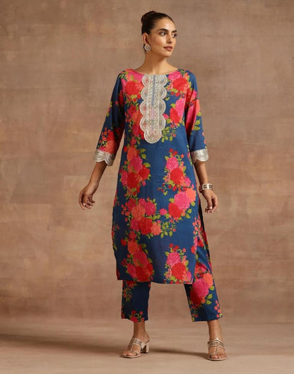 Dark Blue Printed Muslin Straight Kurta Set with Dupatta