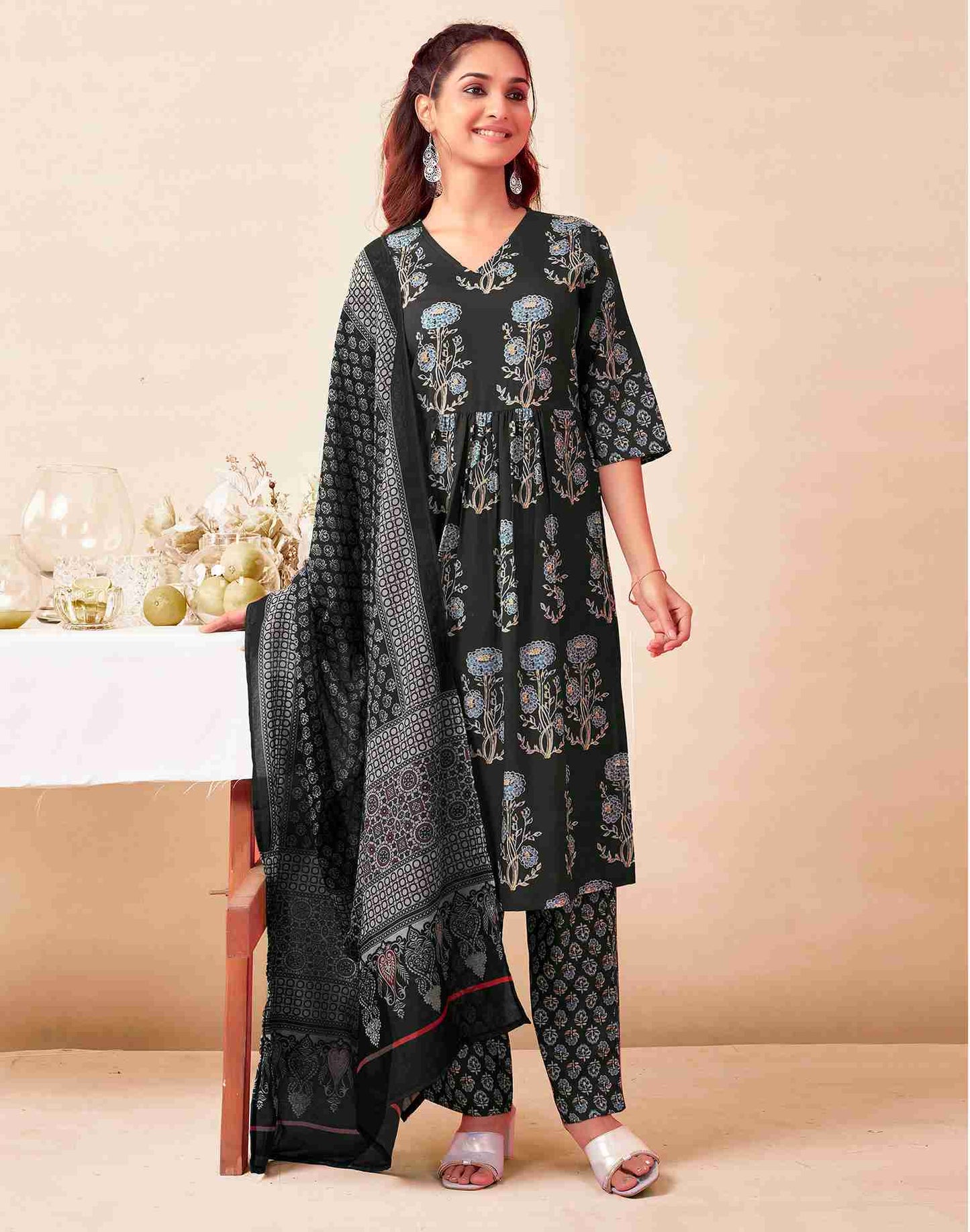 Dark Grey Printed Rayon Flared Kurta Set With Dupatta