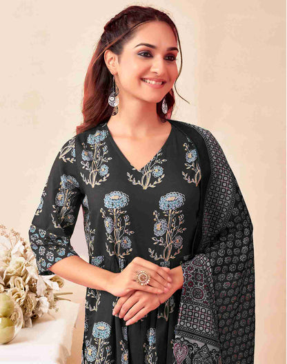 Dark Grey Printed Rayon Flared Kurta Set With Dupatta