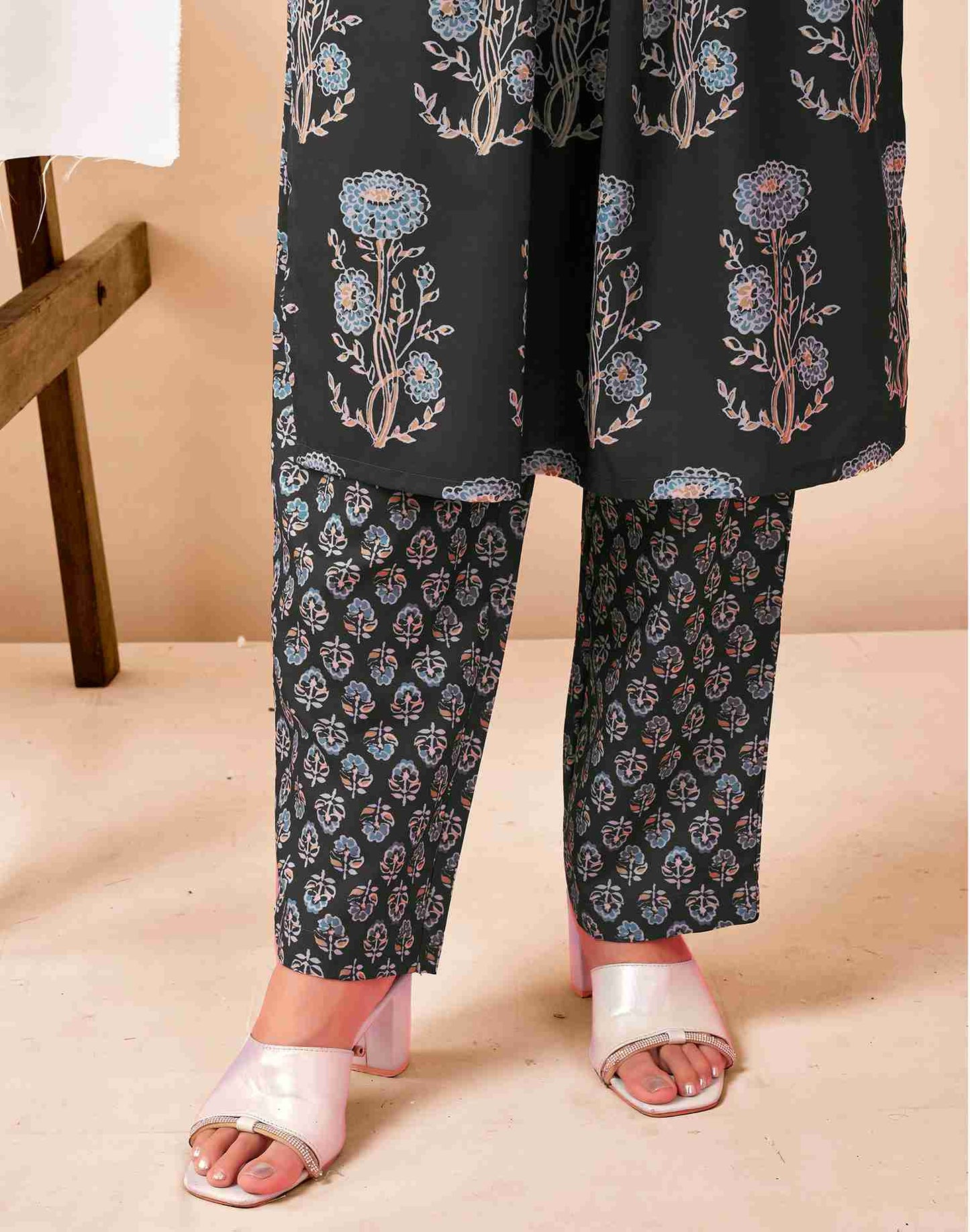 Dark Grey Printed Rayon Flared Kurta Set With Dupatta