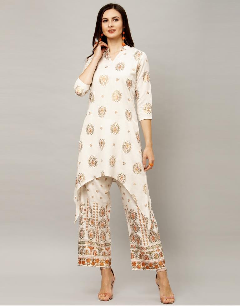 Off White Coloured Foil Printed Cotton Flex Plazzo | Sudathi