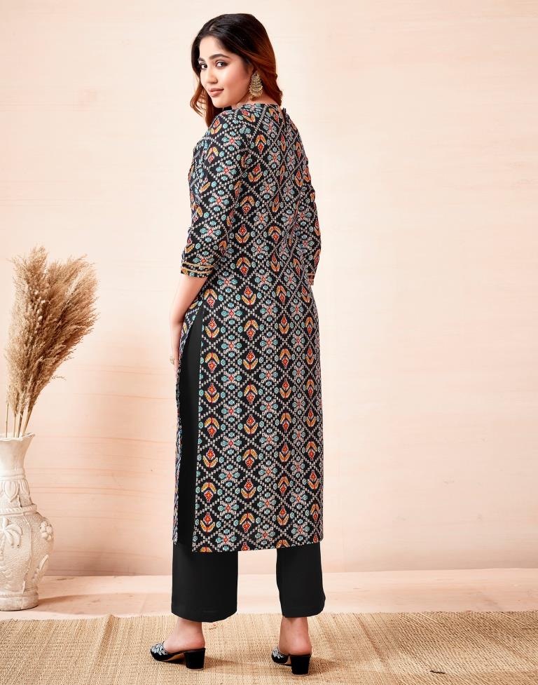 Black Printed Cotton Straight Kurta Set with Dupatta