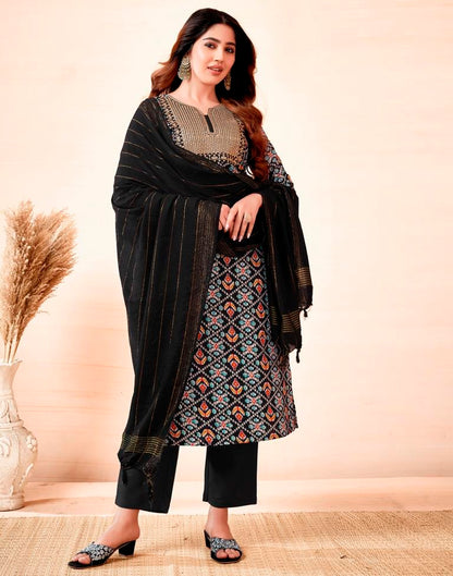 Black Printed Cotton Straight Kurta Set with Dupatta