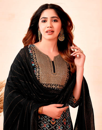 Black Printed Cotton Straight Kurta Set with Dupatta