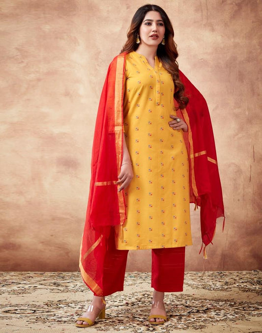 Turmeric Yellow Plain Cotton Straight Kurta Set With Dupatta