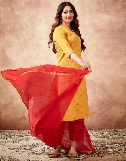 Turmeric Yellow Plain Cotton Straight Kurta Set With Dupatta