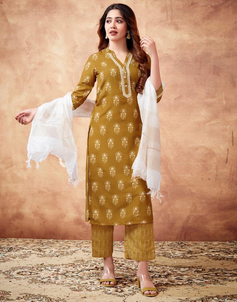 Mustard Yellow Printed Rayon Straight Kurta Set With Dupatta