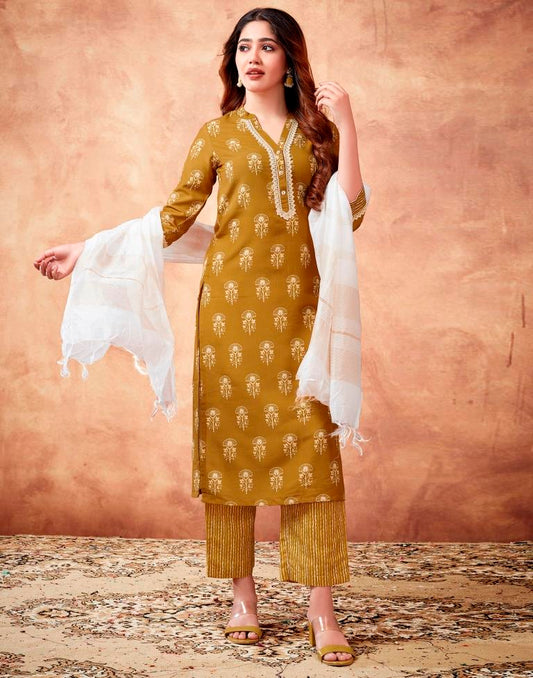 Mustard Yellow Printed Rayon Straight Kurta Set With Dupatta