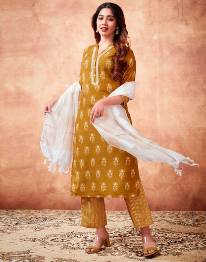 Mustard Yellow Printed Rayon Straight Kurta Set With Dupatta