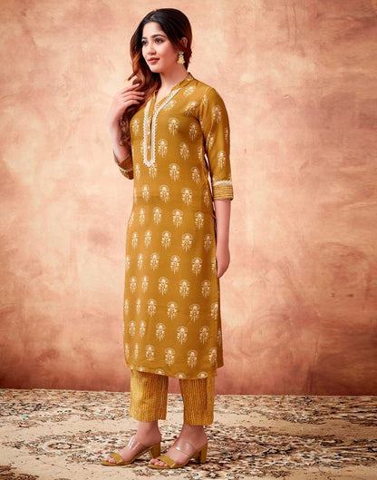 Mustard Yellow Printed Rayon Straight Kurta Set With Dupatta