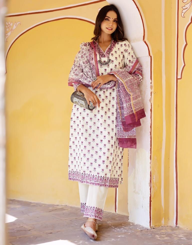 Off White Printed Rayon Straight Kurta Set with Dupatta