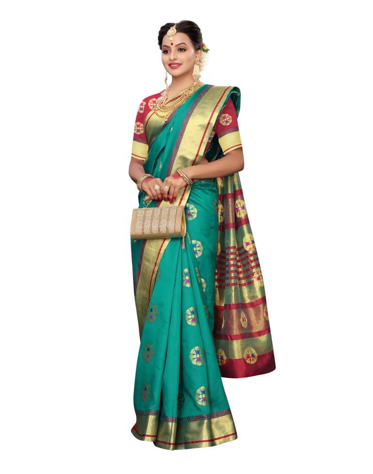 Turquoise Coloured Poly Silk Jacquard Partywear saree | Leemboodi