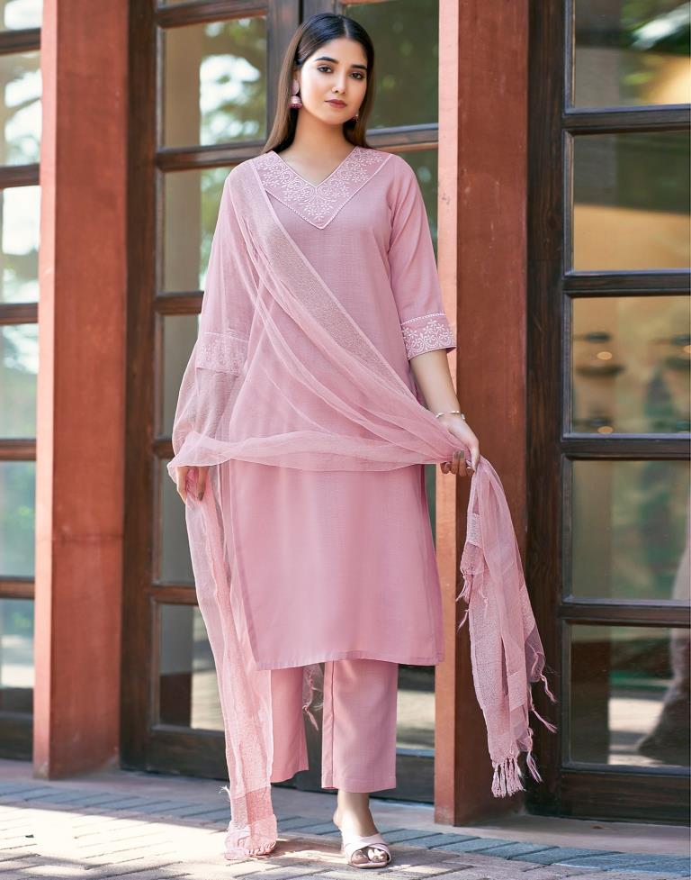 Light Pink Cotton Embroidery Straight Kurta Set