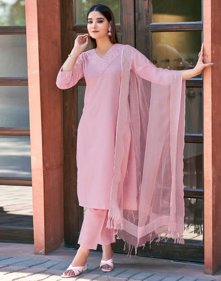 Light Pink Cotton Embroidery Straight Kurta Set