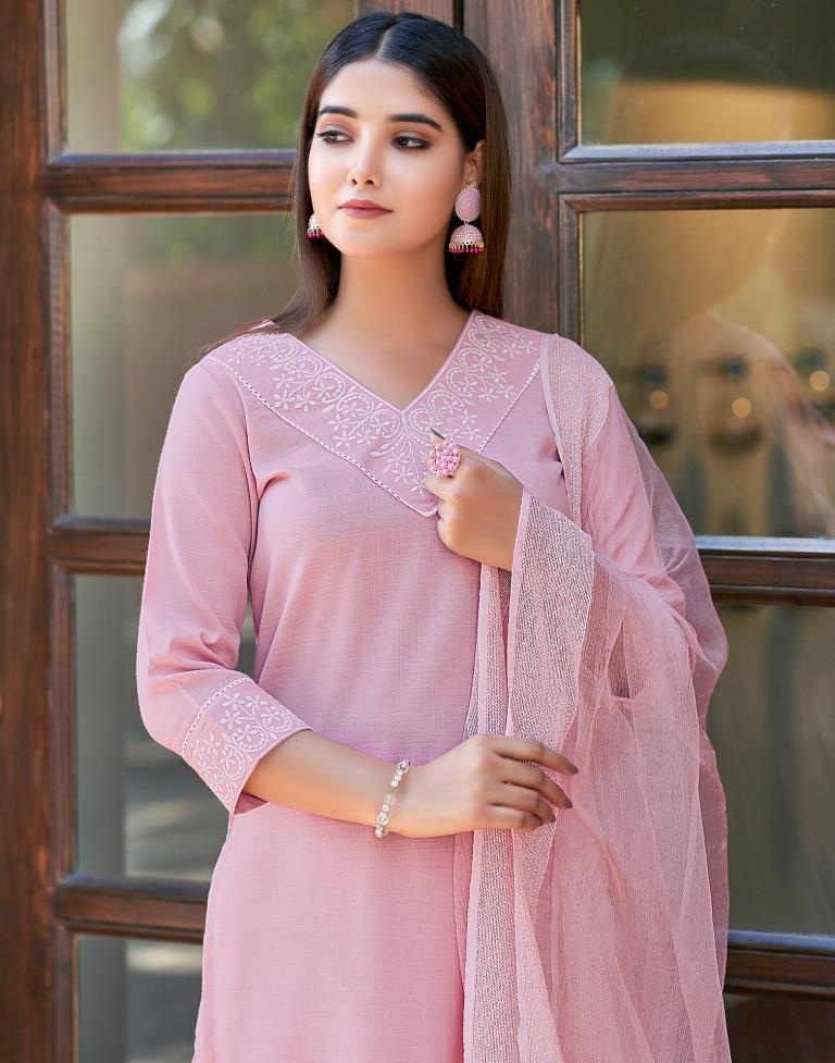 Light Pink Cotton Embroidery Straight Kurta Set