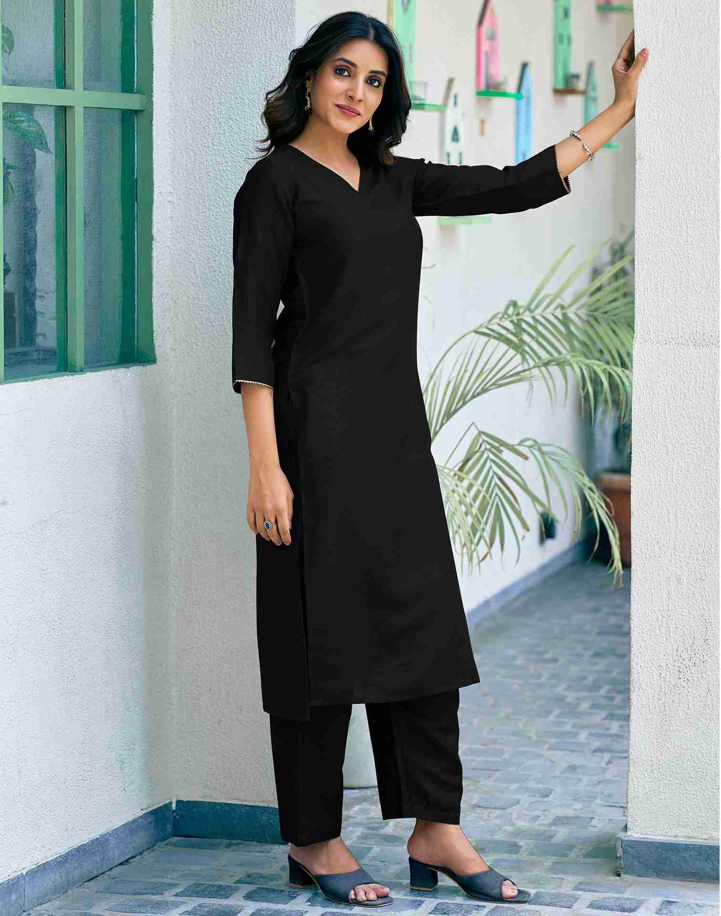 Black Rayon Printed Kurta Set With Dupatta