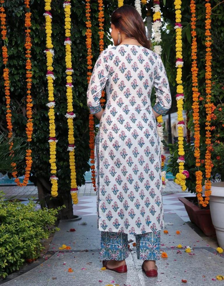 White Printed Rayon Straight Kurta Set with Dupatta