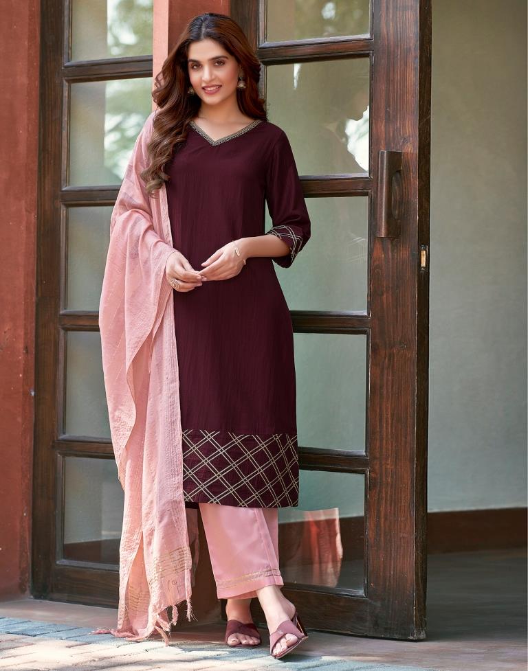 Maroon Chinnon Printed Kurta Set With Dupatta