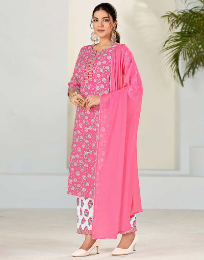 Pink Printed Rayon Straight Kurta With Pant And Dupatta