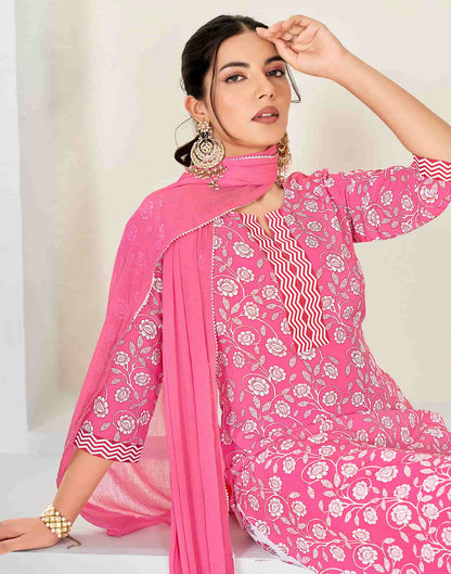 Pink Printed Rayon Straight Kurta With Pant And Dupatta