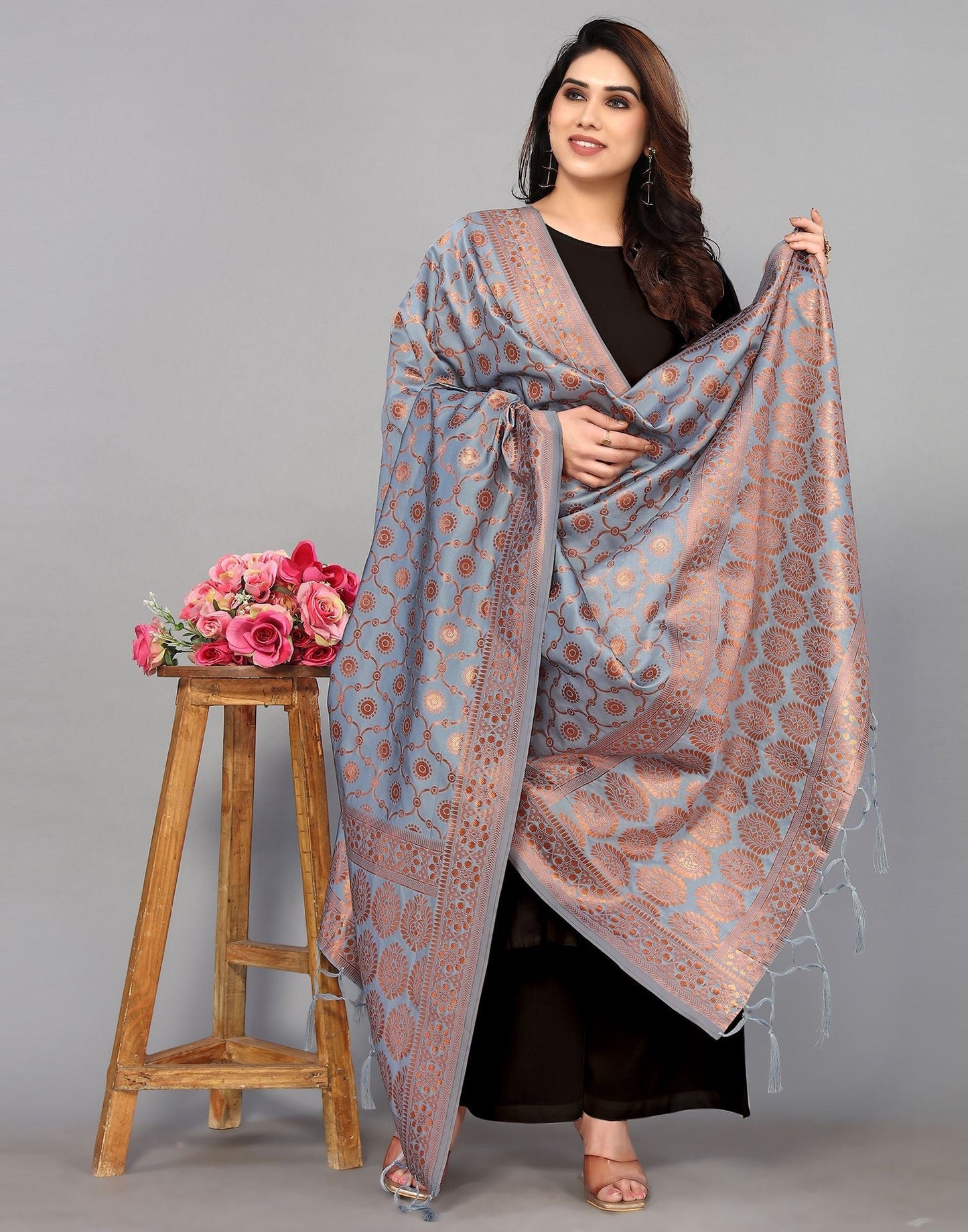 Light Blue( Grey) Silk Dupatta | Leemboodi