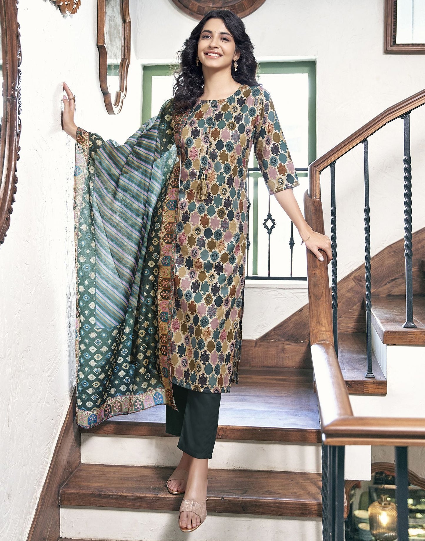 Multi Printed Rayon Straight Kurta Set With Dupatta