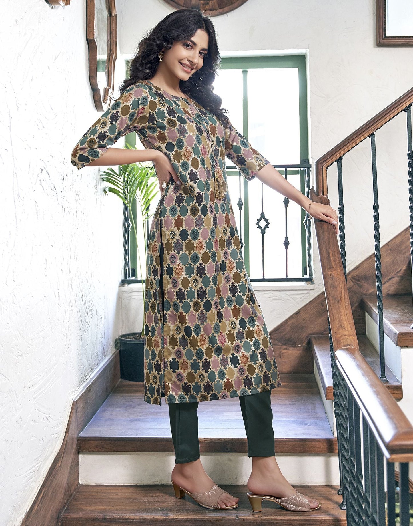 Multi Printed Rayon Straight Kurta Set With Dupatta