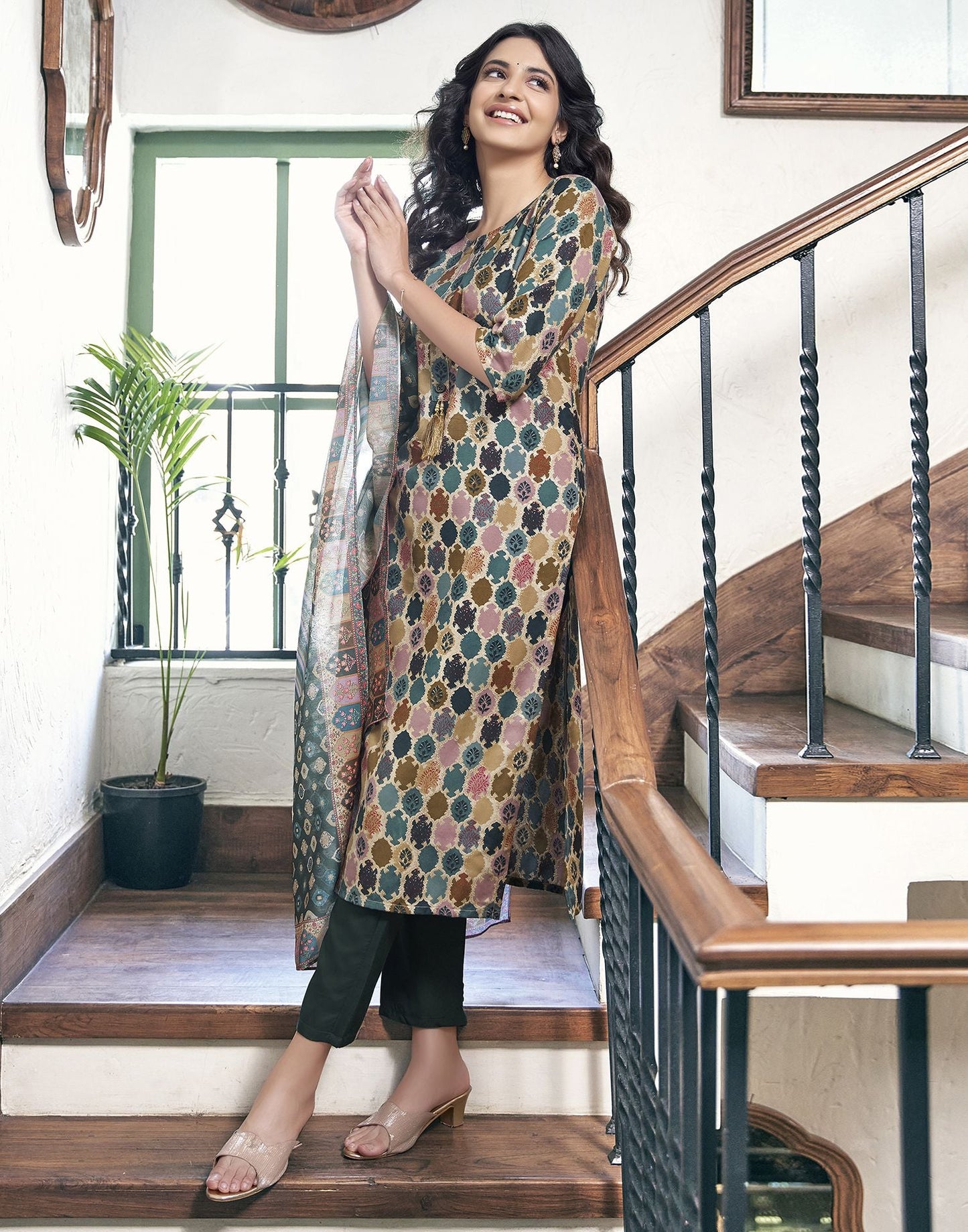 Multi Printed Rayon Straight Kurta Set With Dupatta