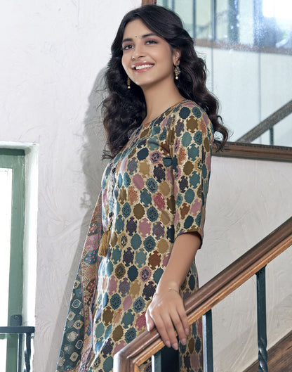 Multi Printed Rayon Straight Kurta Set With Dupatta