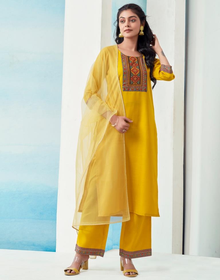 Yellow Cotton Printed Straight Kurta Set