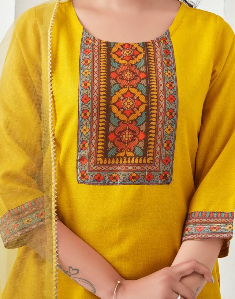 Yellow Cotton Printed Straight Kurta Set