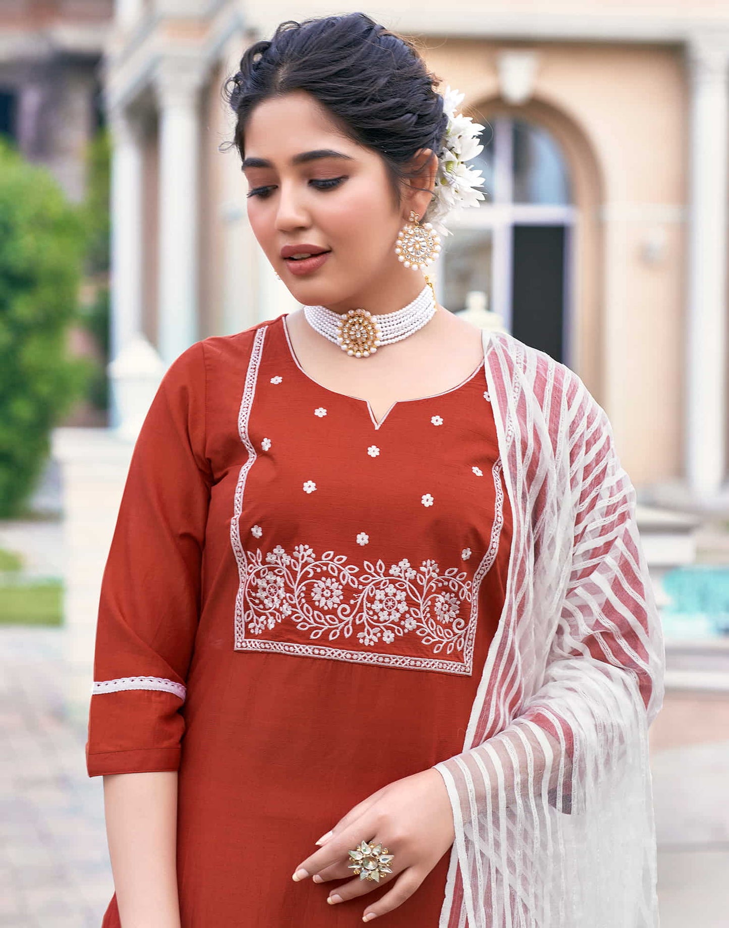 Rust Embroidery Chinnon Straight Kurta With Pant And Dupatta