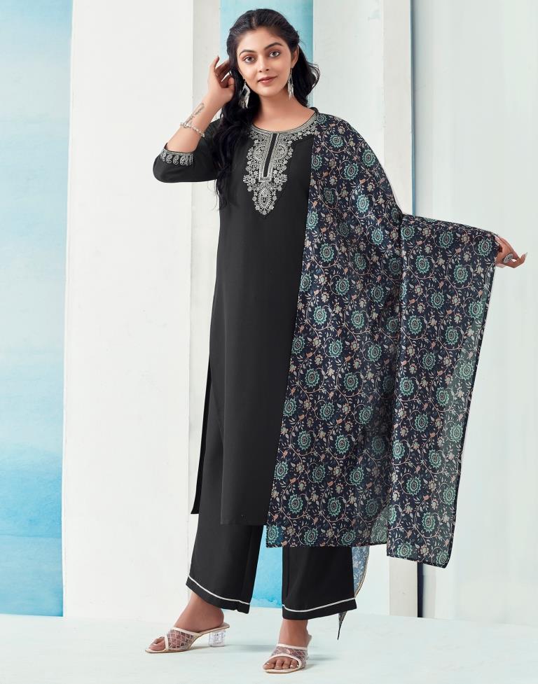 Navy Blue Rayon Embroidery Straight Kurta Set