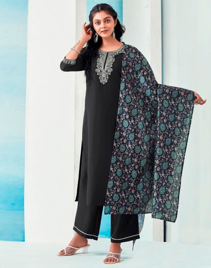 Navy Blue Rayon Embroidery Straight Kurta Set