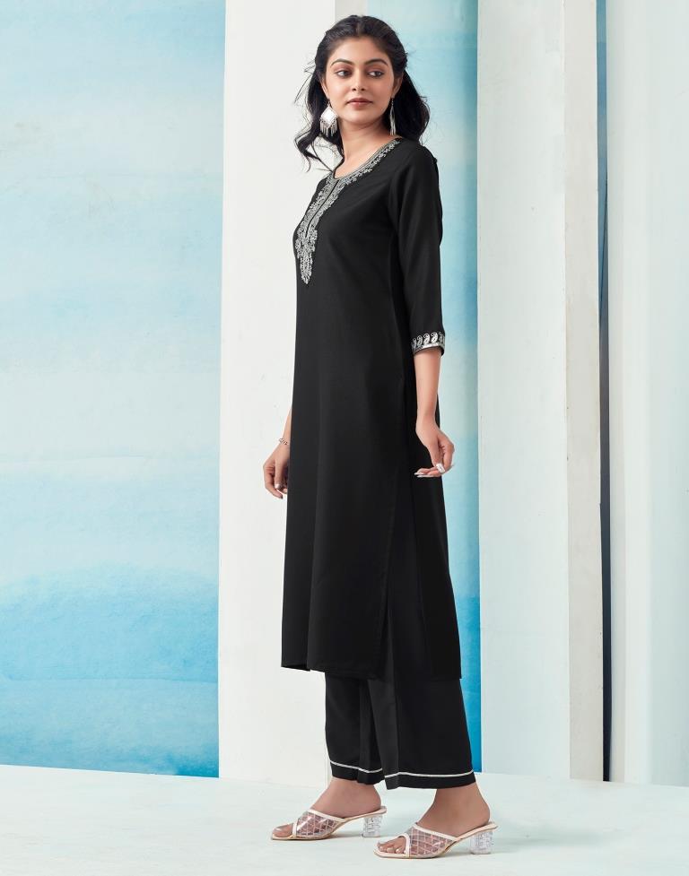 Navy Blue Rayon Embroidery Straight Kurta Set