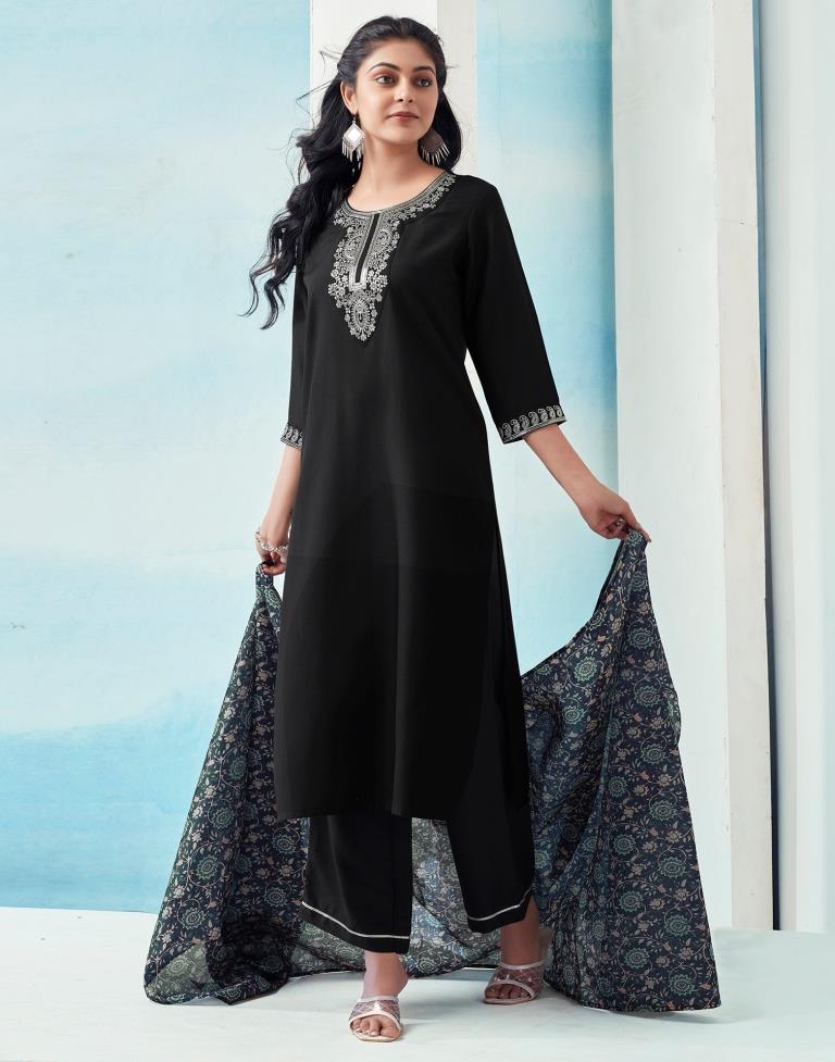 Navy Blue Rayon Embroidery Straight Kurta Set