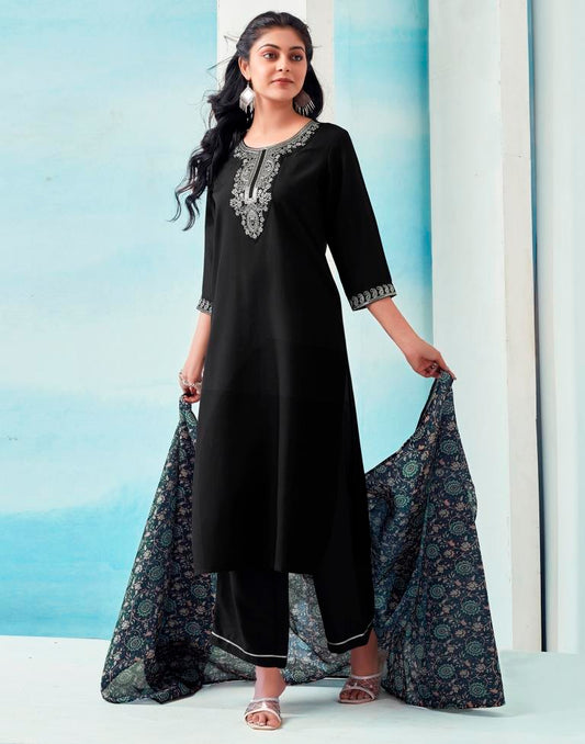 Navy Blue Rayon Embroidery Straight Kurta Set