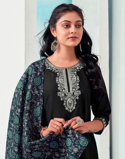 Navy Blue Rayon Embroidery Straight Kurta Set