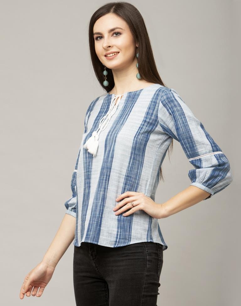 Bewitching Blue Coloured Woven Striped Cotton Tops | Sudathi