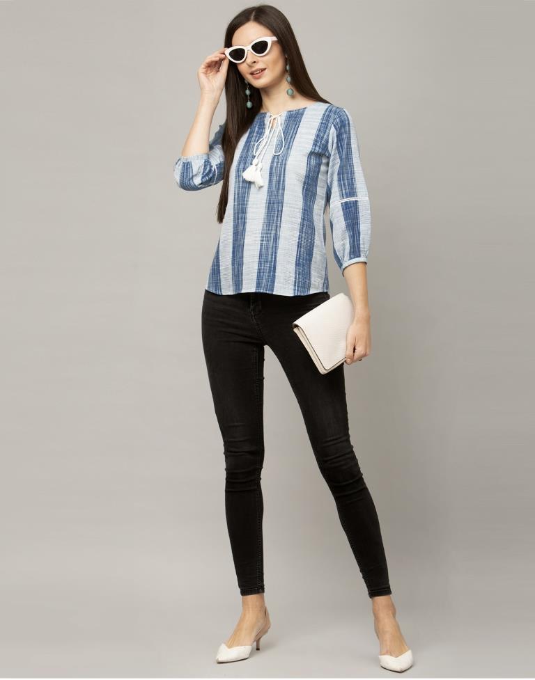 Bewitching Blue Coloured Woven Striped Cotton Tops | Sudathi