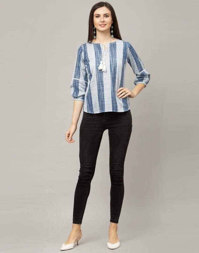 Bewitching Blue Coloured Woven Striped Cotton Tops | Sudathi