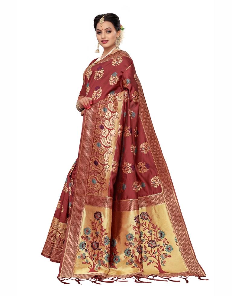 Maroon Coloured Poly Silk Banarasi Jacquard Partywear saree | Leemboodi