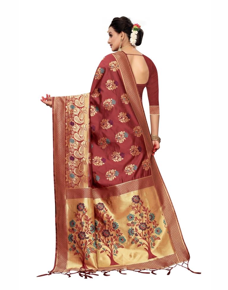 Maroon Coloured Poly Silk Banarasi Jacquard Partywear saree | Leemboodi