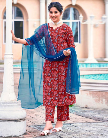 Red Printed Rayon Straight Kurta Set with Dupatta