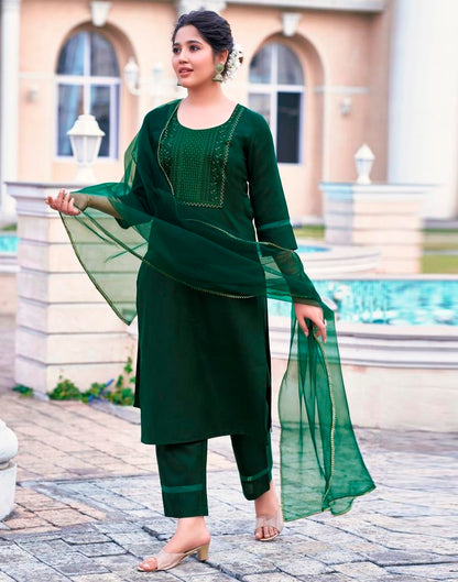 Dark Green Cotton Embroidery Straight Kurta Set