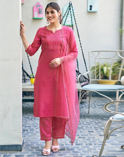 Pink Cotton Embroidery Straight Kurta Set