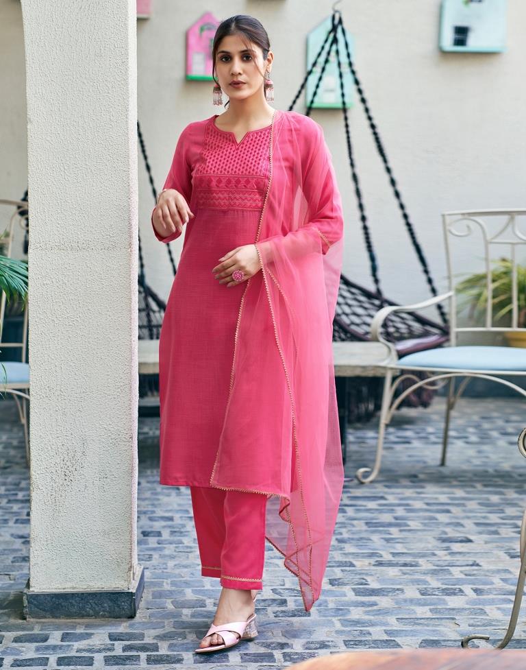 Pink Cotton Embroidery Straight Kurta Set