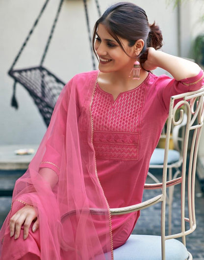 Pink Cotton Embroidery Straight Kurta Set