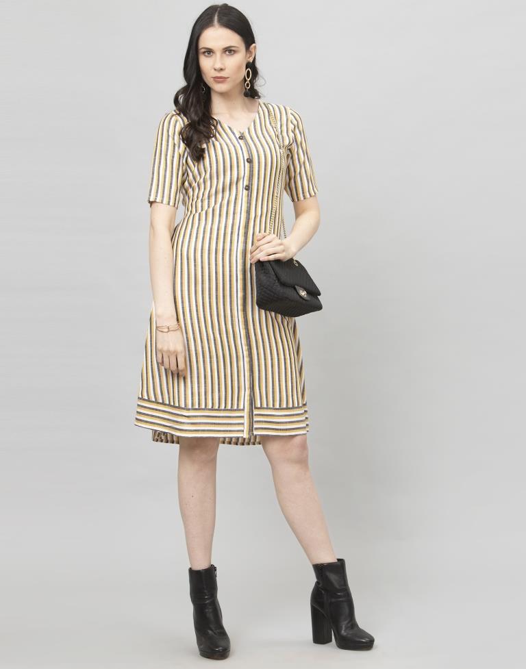 Yellow Coloured Woven Striped South Cotton Dress | Sudathi