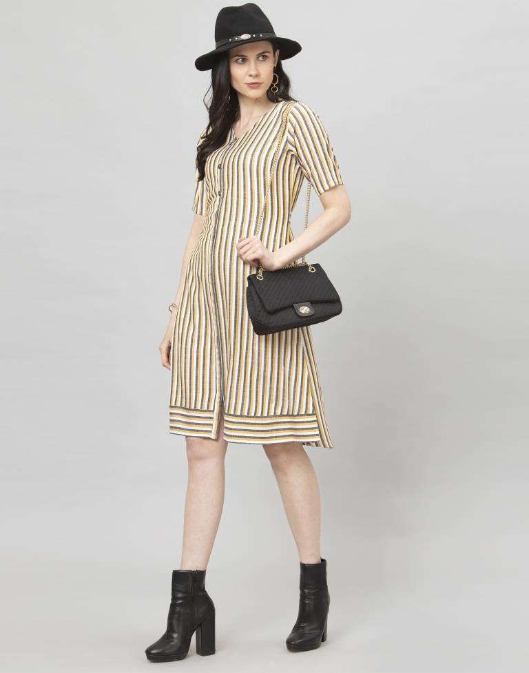 Yellow Coloured Woven Striped South Cotton Dress | Sudathi